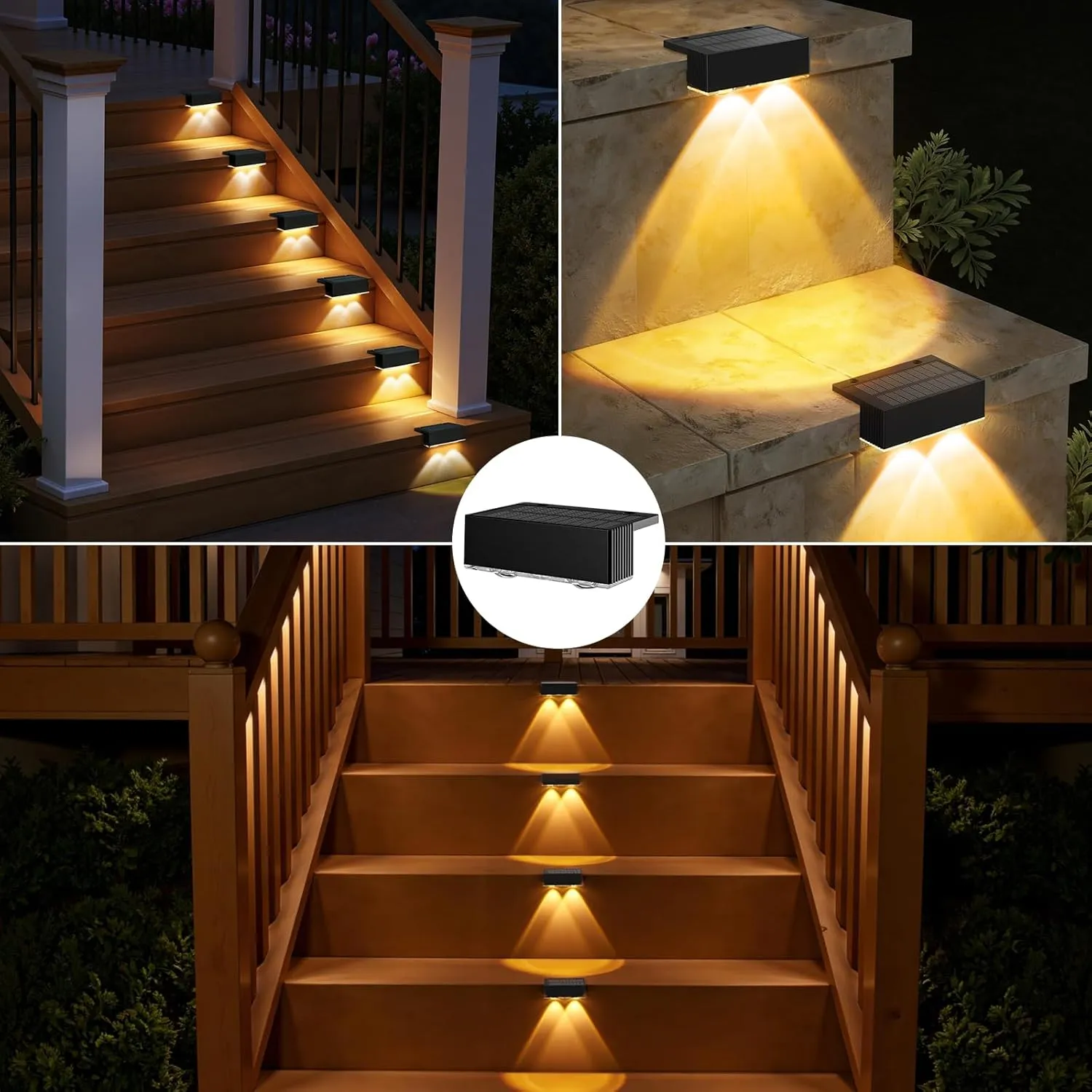 NIORSUN Solar Fence Lights,6 Pack Deck Light,Led Outdoor Lights Warm White   RGB Wall Lights,IP45 Solar Powered Light Waterproof for Backyard/Pool/Railing/Patio/Porch/Step/Outside/Garden (Black)