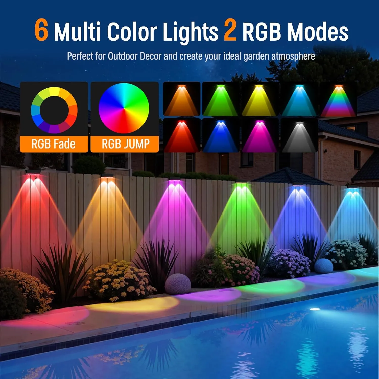 NIORSUN Solar Fence Lights,6 Pack Deck Light,Led Outdoor Lights Warm White   RGB Wall Lights,IP45 Solar Powered Light Waterproof for Backyard/Pool/Railing/Patio/Porch/Step/Outside/Garden (Black)