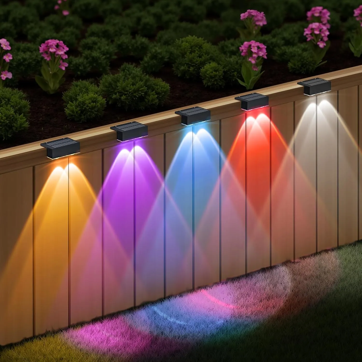 NIORSUN Solar Fence Lights,6 Pack Deck Light,Led Outdoor Lights Warm White   RGB Wall Lights,IP45 Solar Powered Light Waterproof for Backyard/Pool/Railing/Patio/Porch/Step/Outside/Garden (Black)