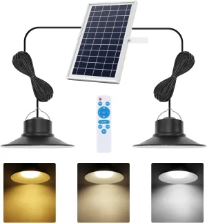 NIORSUN Solar Indoor Lights Outdoor, LED Solar Pendant Lights 3 Color Dimmable Lighting with Remote Control, Gazebo Lights,2x16.4ft Cable IP65 Waterproof for Garden, Patio, Garage, Camp(2 Pack)