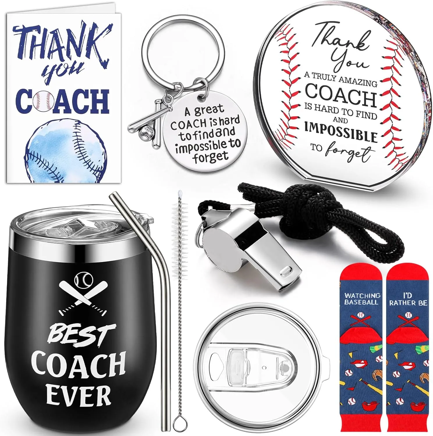 Nitial 6 Pcs Baseball Coach Gifts Teacher Appreciation Gift for Baseball Coach Ever Tumbler Whistle with Lanyard Acrylic Decorative Sign Socks Keychain and Card