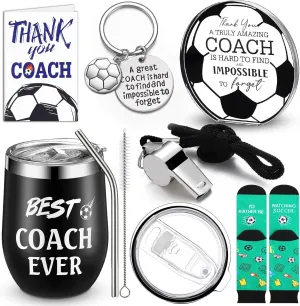 Nitial 6 Pcs Soccer Coach Gifts Coach Appreciation Gift Set Include Stainless Steel Tumbler Soccer Whistle with Lanyard Football Acrylic Decorative Sign Socks Keychain Card for Men