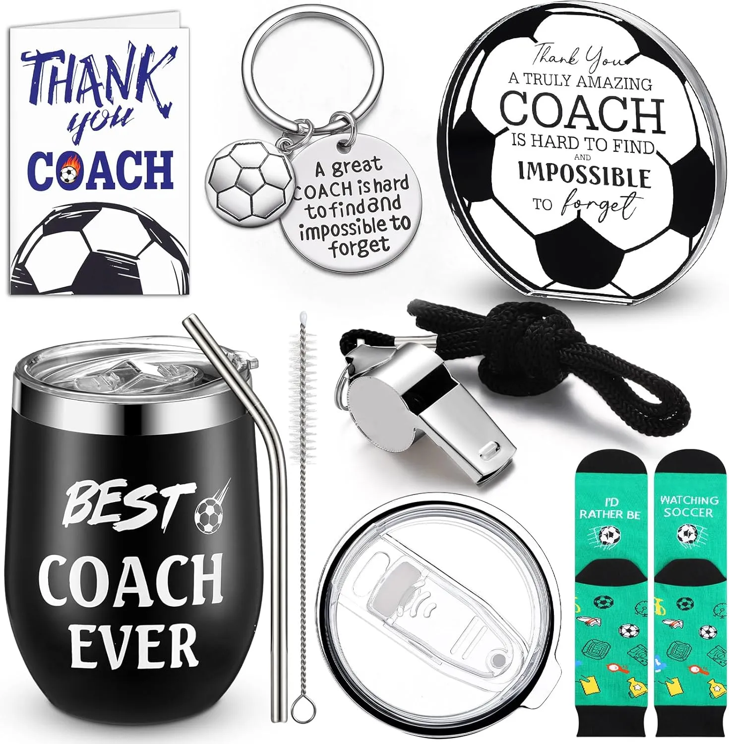 Nitial 6 Pcs Soccer Coach Gifts Coach Appreciation Gift Set Include Stainless Steel Tumbler Soccer Whistle with Lanyard Football Acrylic Decorative Sign Socks Keychain Card for Men