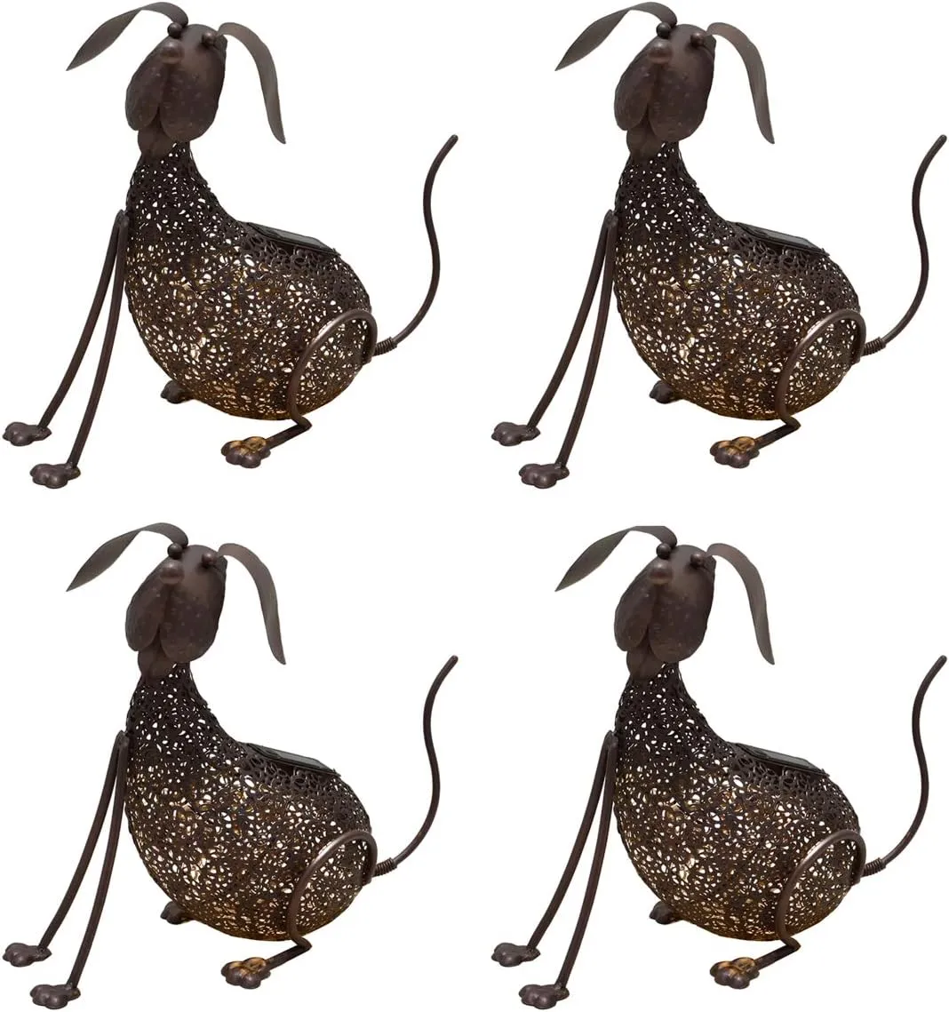 Oakland Living 650255-DOG-4-HB 14.2 in. Steel Indoor & Outdoor Animal Garden Dog Metal Puppy Sculpture Statue with Solar Light & Ground Stake, Hammer Tone Bronze - Pack of 4