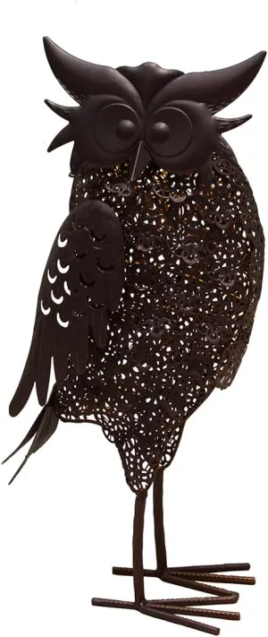 Oakland Living 650259-OWL-HB 16.7 in. Steel Indoor & Outdoor Animal Garden Owl Metal Bird Sculpture Statue with Solar Light & Ground Stake, Hammer Tone Bronze