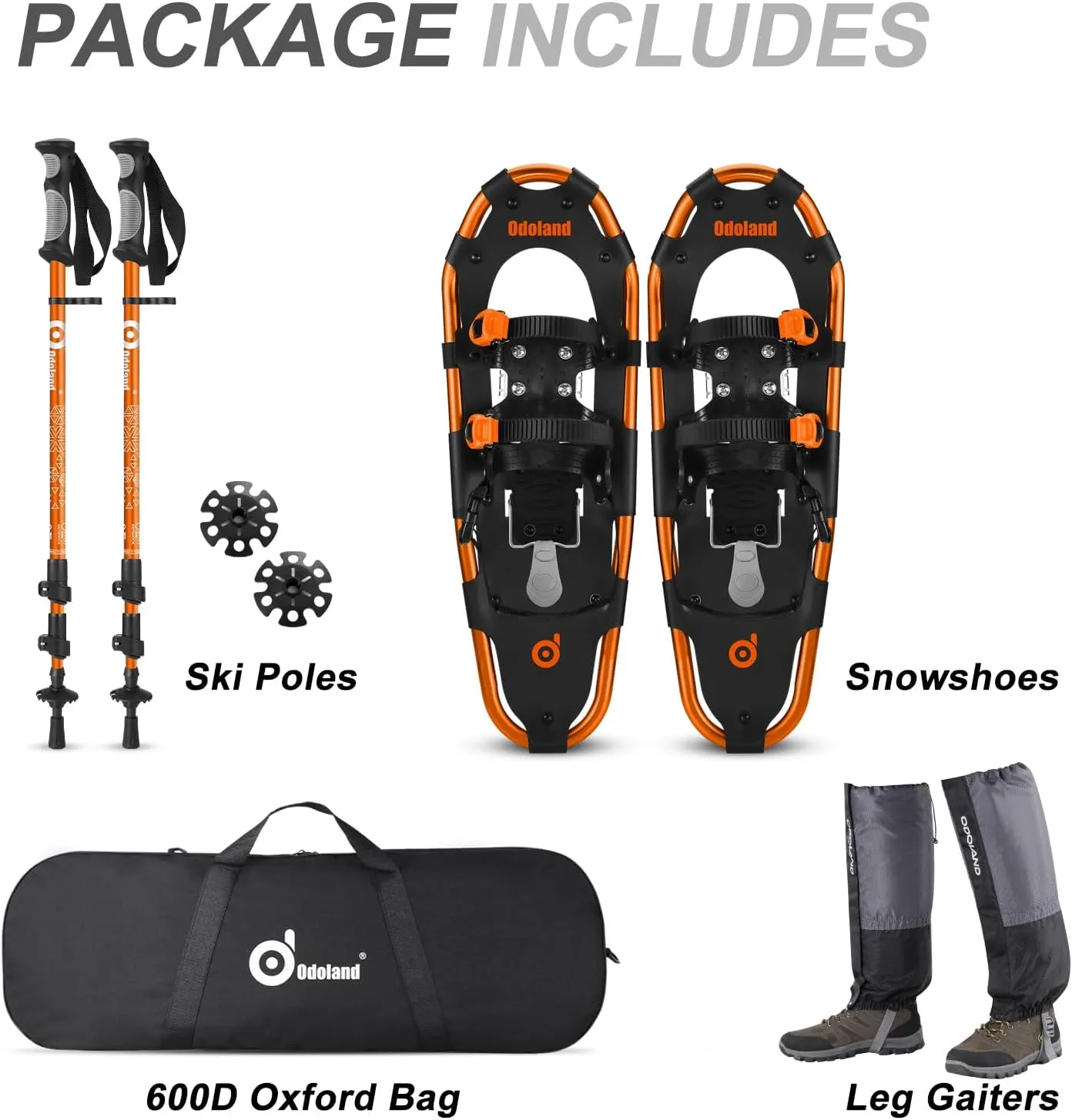 Odoland 21/25/30 Inch Snowshoes with Trekking Poles for Men Women Youth, Waterproof Snow Leg Gaiters and Carrying Bag, Lightweight Aluminum, Heel Lift, Snow Shoes Easy to Wear