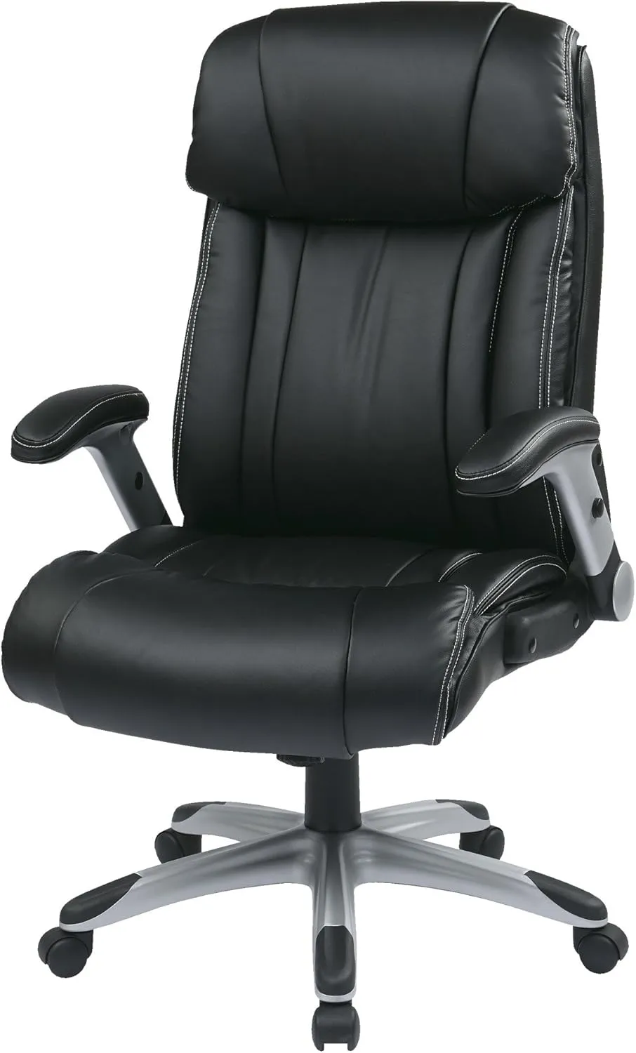 Office Star ECH Series High Back Executive Bonded Leather Office Chair with Adjustable Padded Flip Arms, Black with Silver Coated Base