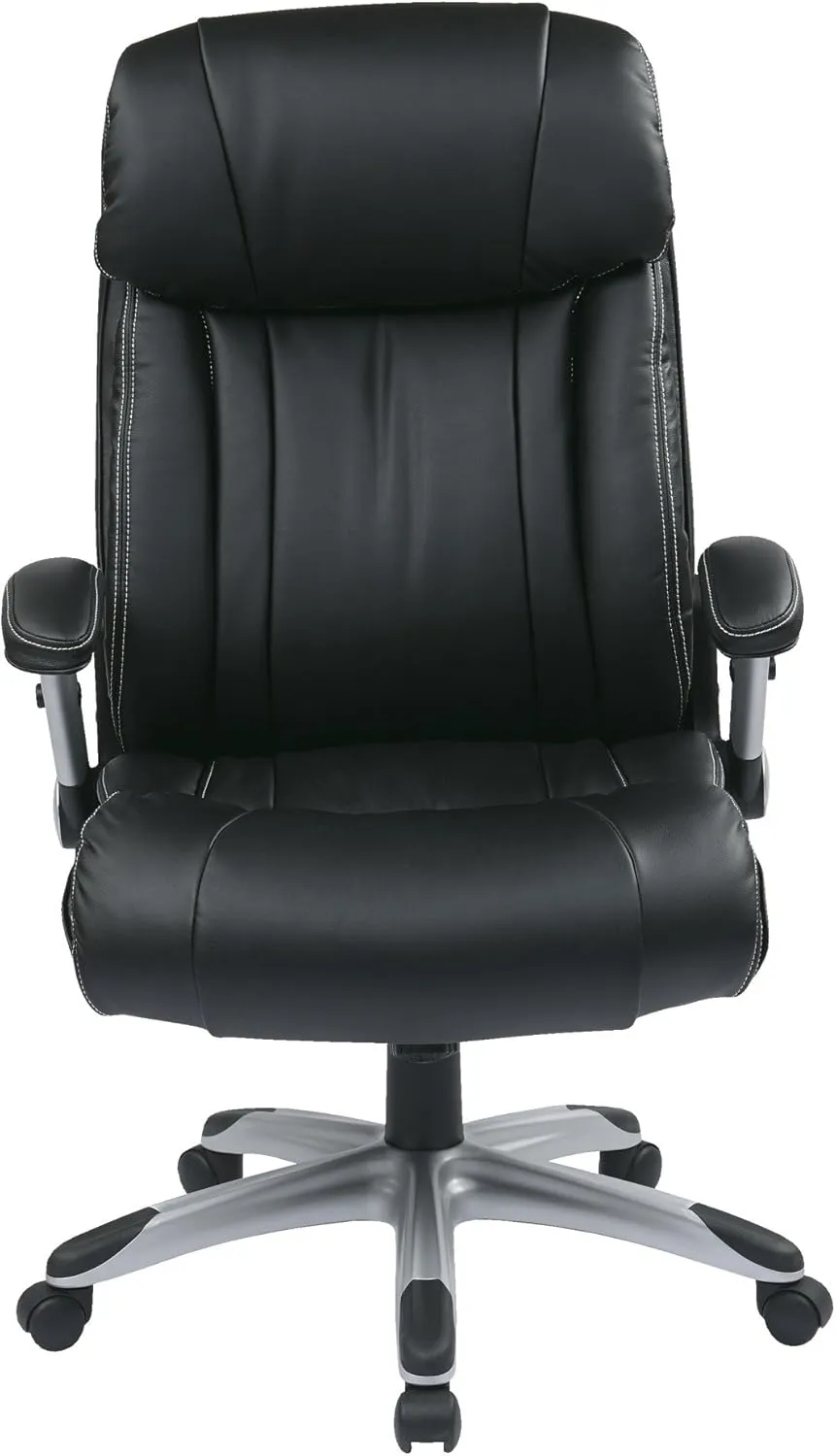 Office Star ECH Series High Back Executive Bonded Leather Office Chair with Adjustable Padded Flip Arms, Black with Silver Coated Base