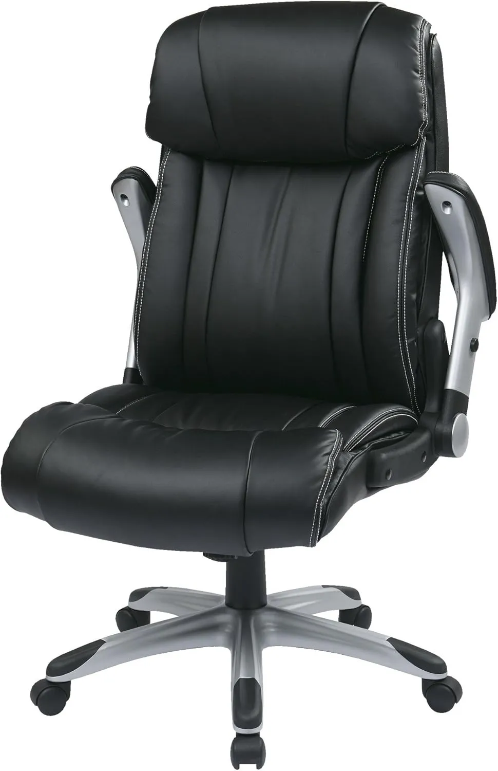 Office Star ECH Series High Back Executive Bonded Leather Office Chair with Adjustable Padded Flip Arms, Black with Silver Coated Base