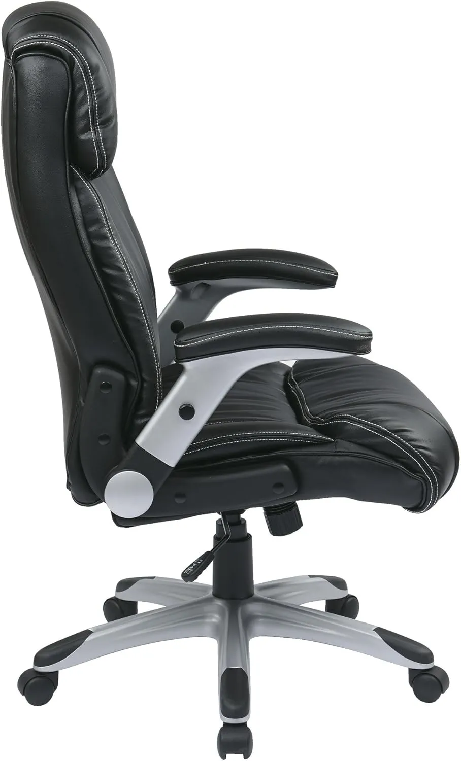Office Star ECH Series High Back Executive Bonded Leather Office Chair with Adjustable Padded Flip Arms, Black with Silver Coated Base