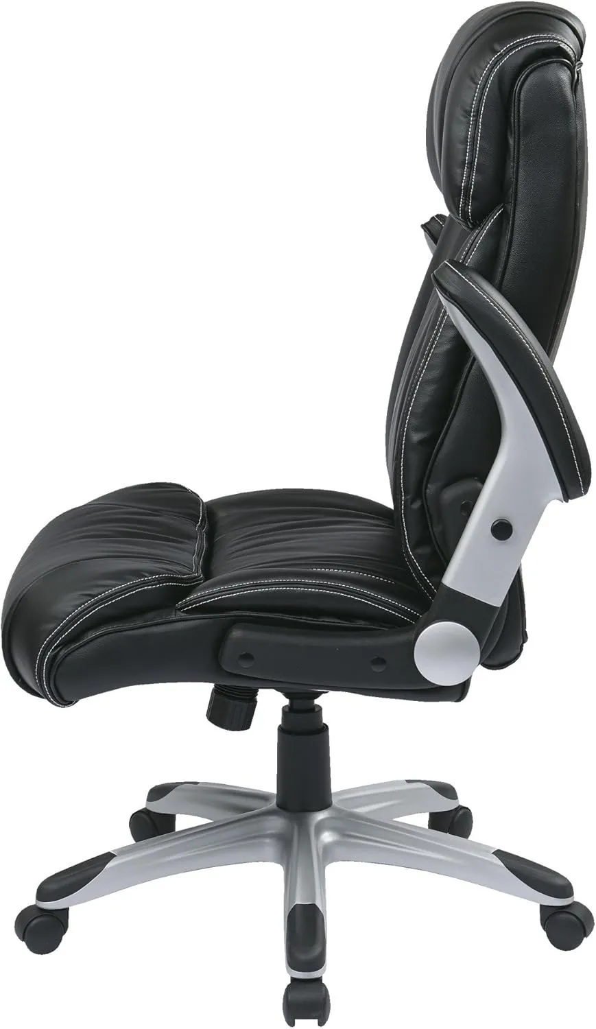 Office Star ECH Series High Back Executive Bonded Leather Office Chair with Adjustable Padded Flip Arms, Black with Silver Coated Base