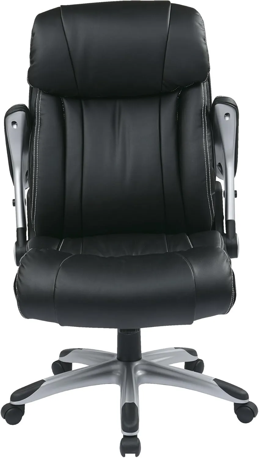 Office Star ECH Series High Back Executive Bonded Leather Office Chair with Adjustable Padded Flip Arms, Black with Silver Coated Base
