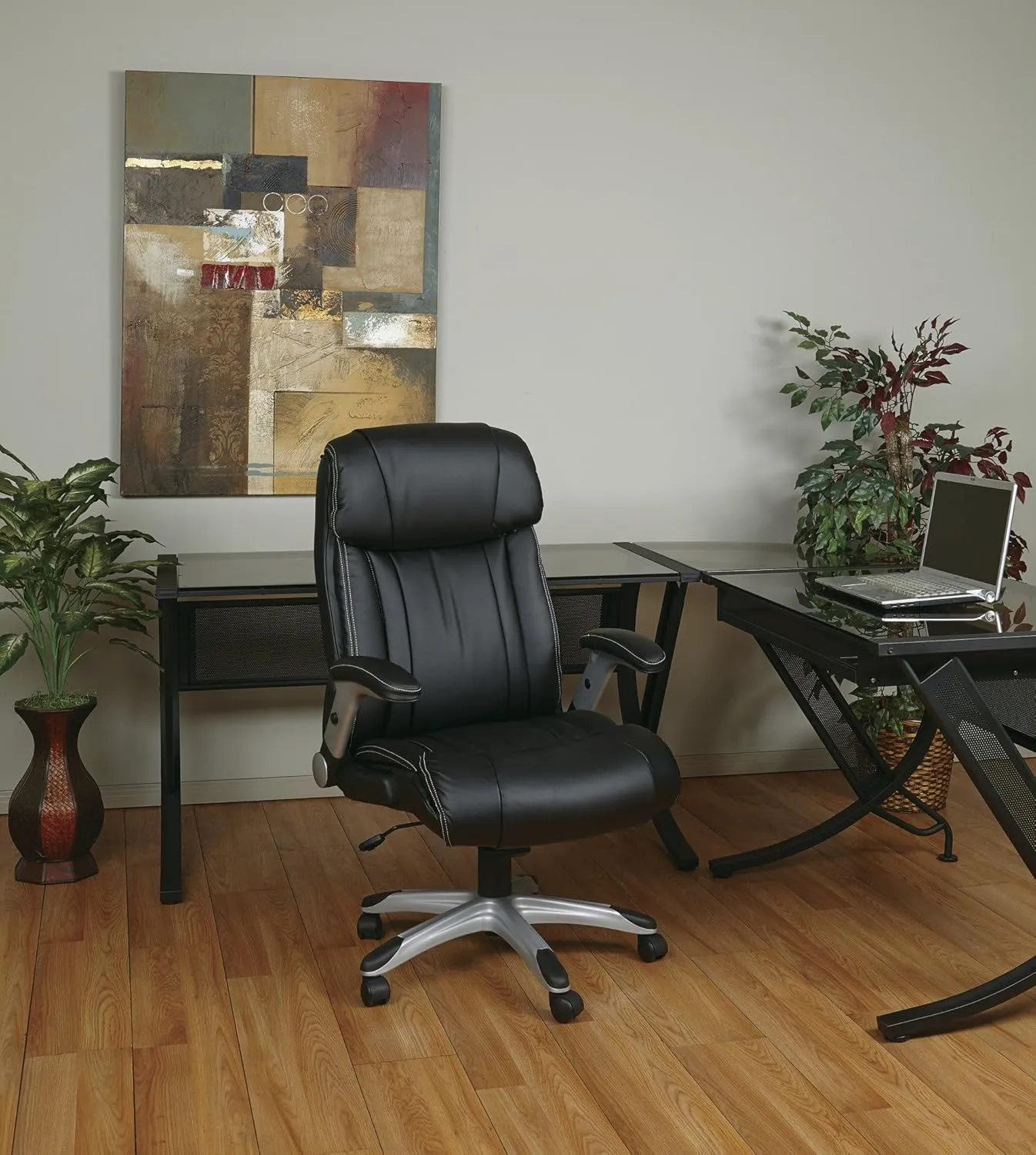 Office Star ECH Series High Back Executive Bonded Leather Office Chair with Adjustable Padded Flip Arms, Black with Silver Coated Base