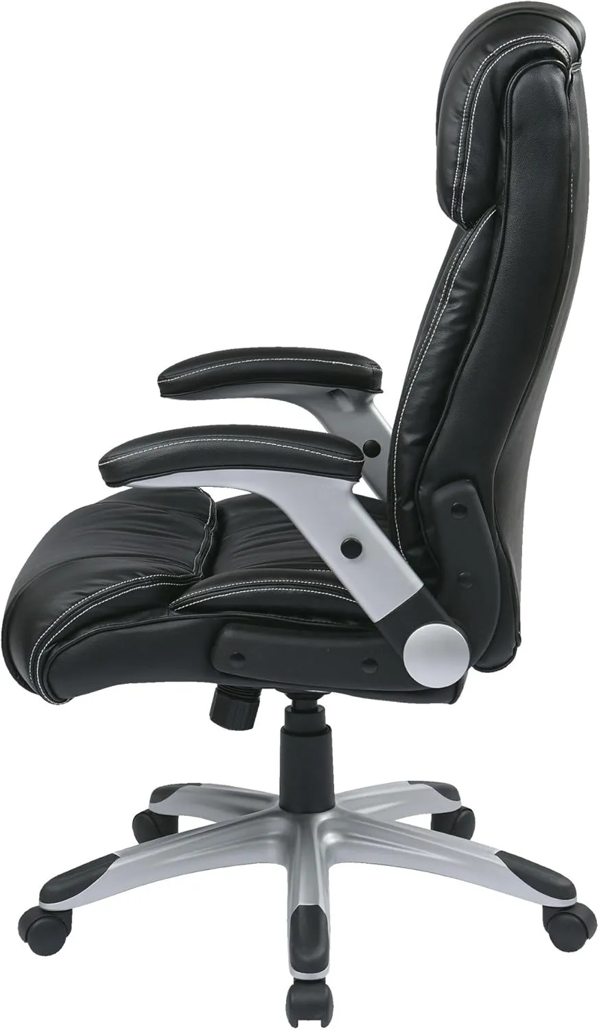 Office Star ECH Series High Back Executive Bonded Leather Office Chair with Adjustable Padded Flip Arms, Black with Silver Coated Base