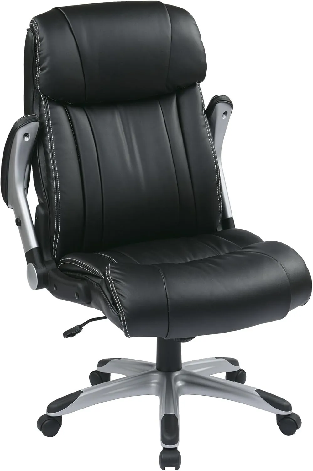 Office Star ECH Series High Back Executive Bonded Leather Office Chair with Adjustable Padded Flip Arms, Black with Silver Coated Base