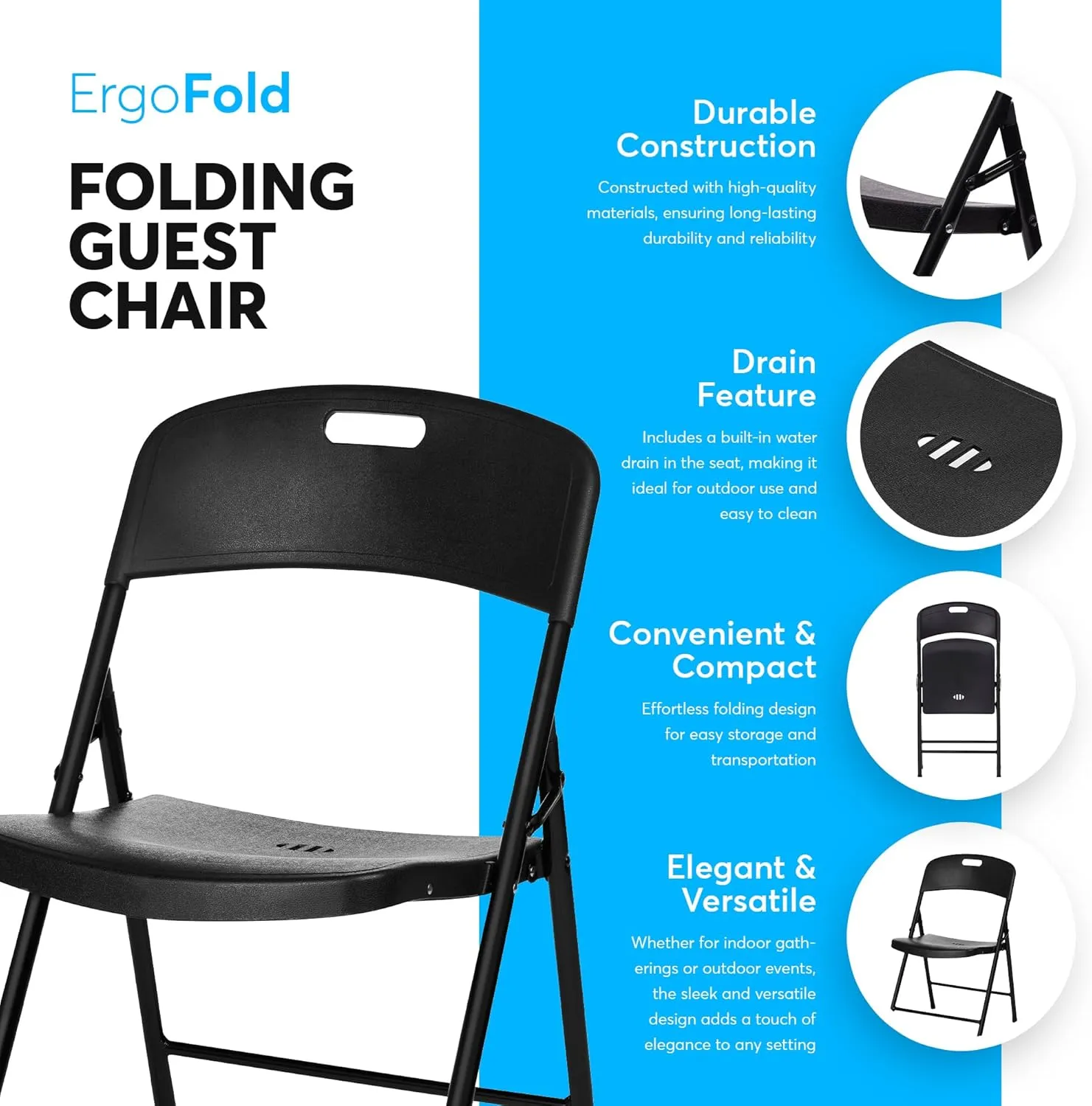 Oline Folding Chair, Indoor Outdoor Plastic Commercial Stackable Foldable Guest Chairs for Events Office Wedding Party Picnic Kitchen Dining, 350lb Capacity (Black, 6 Pack)
