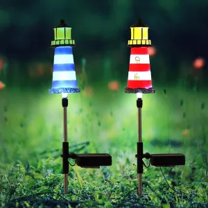 OMISTAR 2 Pcs Lighthouse Solar Light,IP65 Waterproof LED Solar Powered Lighthouse,7 Color Changing Solar Lighthouse Lamps Towers Statue Lights for Landscape,Patio,Driveway, blue red