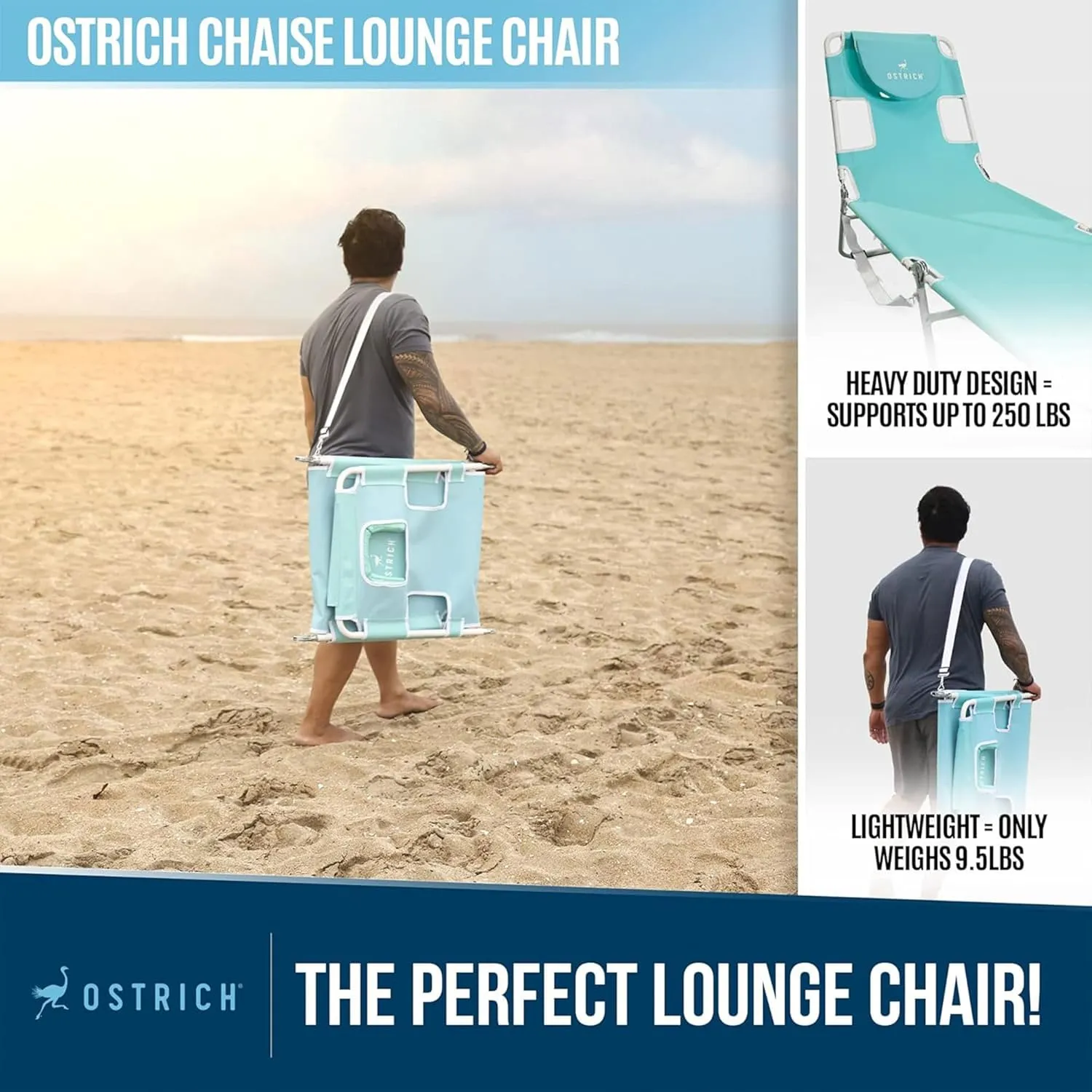 Ostrich 72 by 22 Inch Versatile Chaise Lounge Portable Reclining Lounger, Outdoor Patio, Beach, Lawn, Camping, or Pool Tanning Chair, Aqua