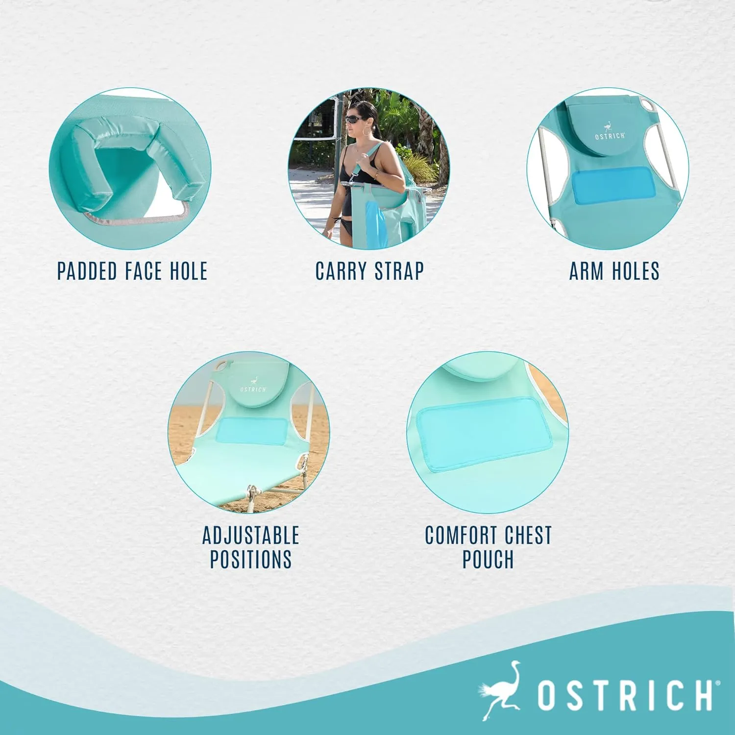 Ostrich Ladies Comfort Lounger, Foldable Beach Camping Pool Tanning Chair, Aqua