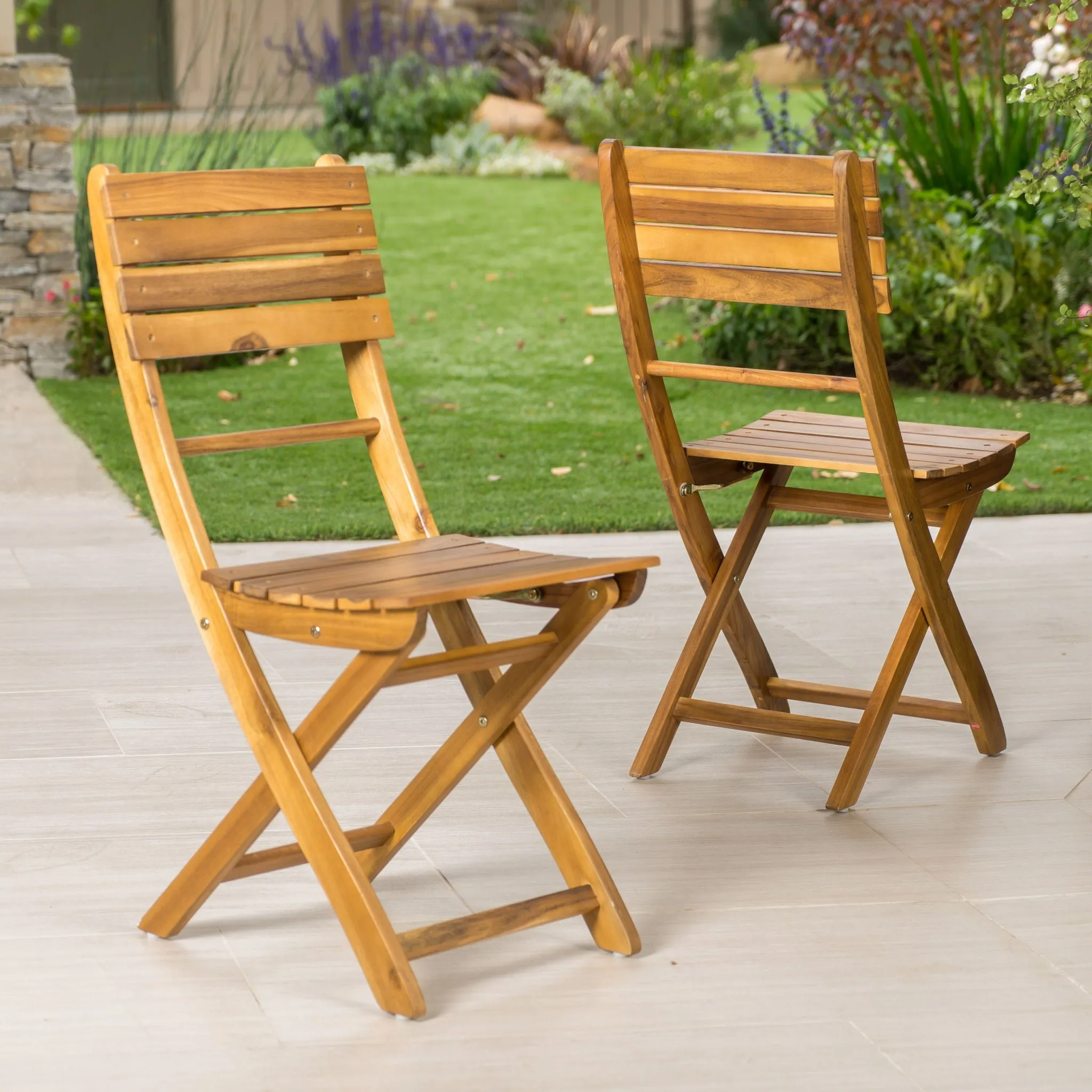 Outdoor Foldable Wood Dining Chair With Slat Design (Set Of 2)