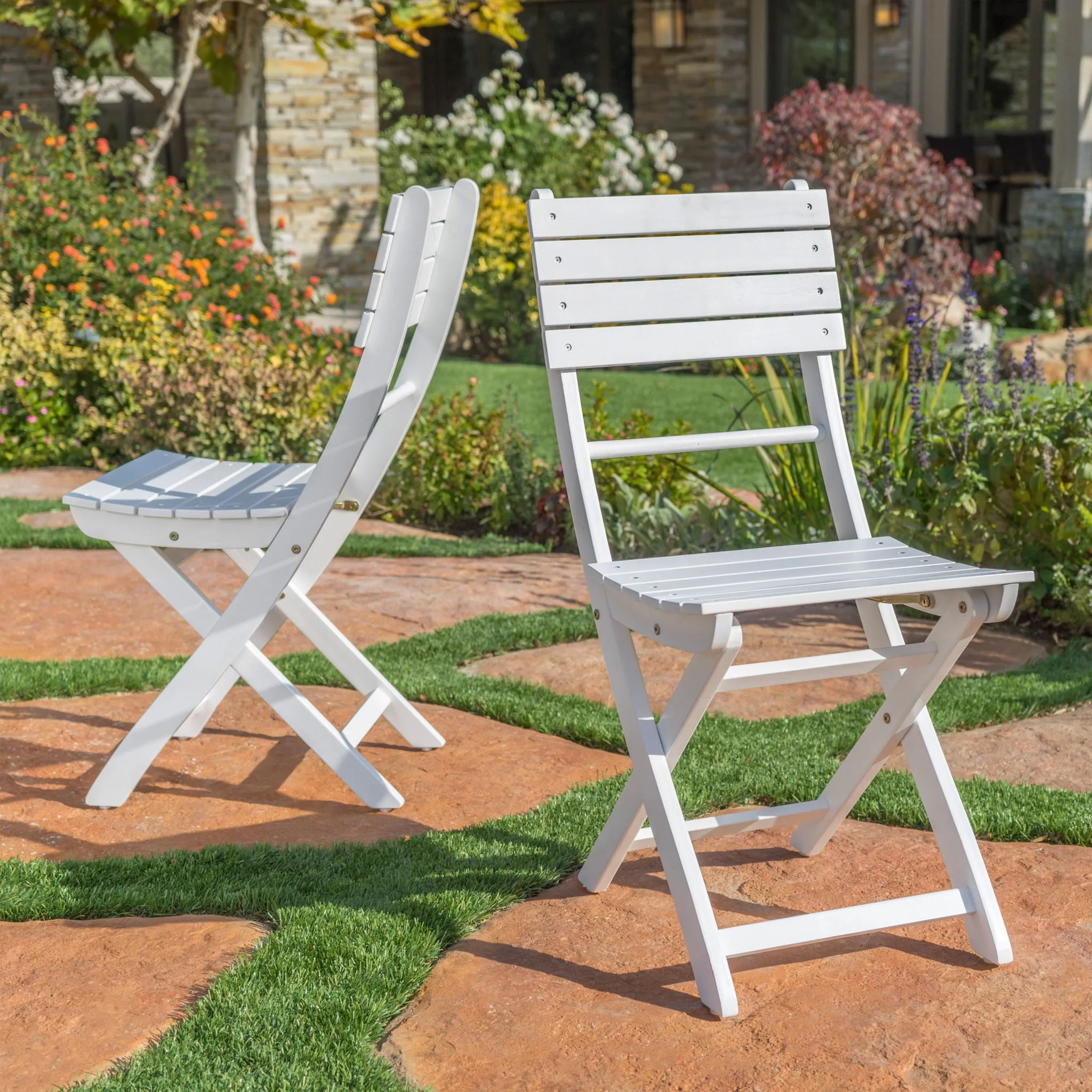 Outdoor Foldable Wood Dining Chair With Slat Design (Set Of 2)
