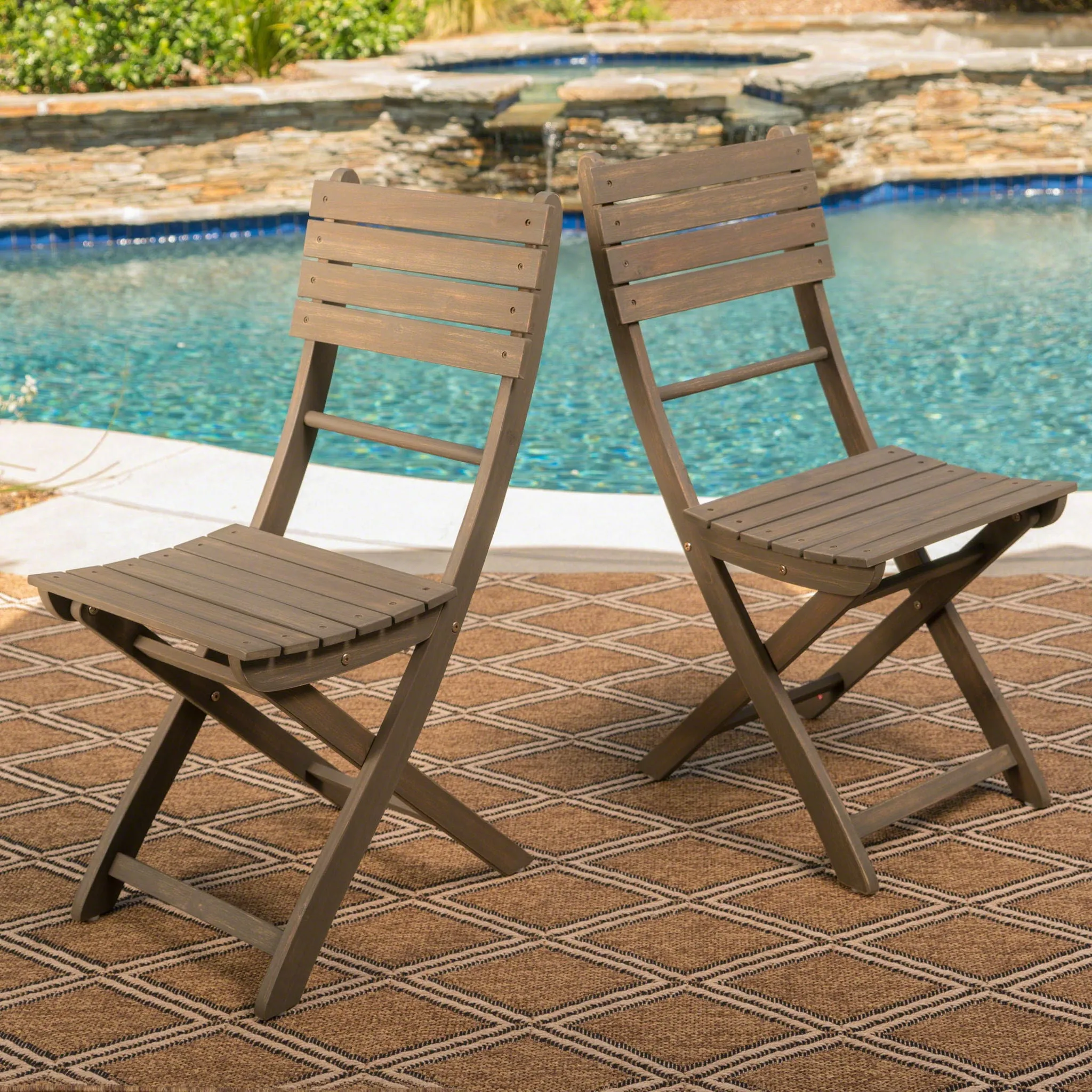 Outdoor Foldable Wood Dining Chair With Slat Design (Set Of 2)