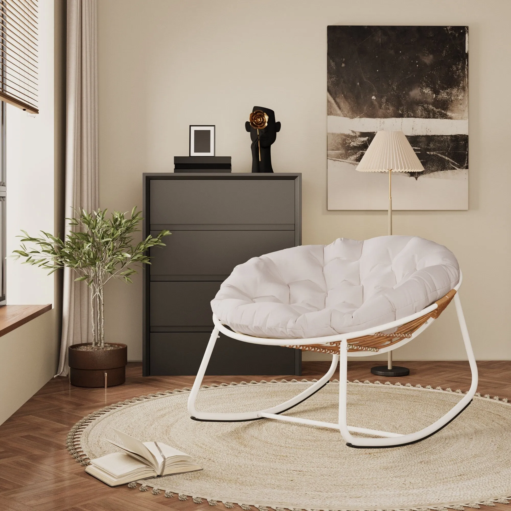 Outdoor Padded Cushion Rocking Chair, Oversized Metal Frame Egg Chair
