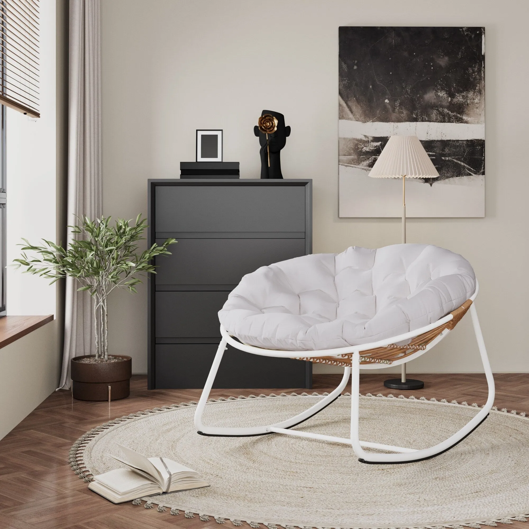 Outdoor Padded Cushion Rocking Chair, Oversized Metal Frame Egg Chair