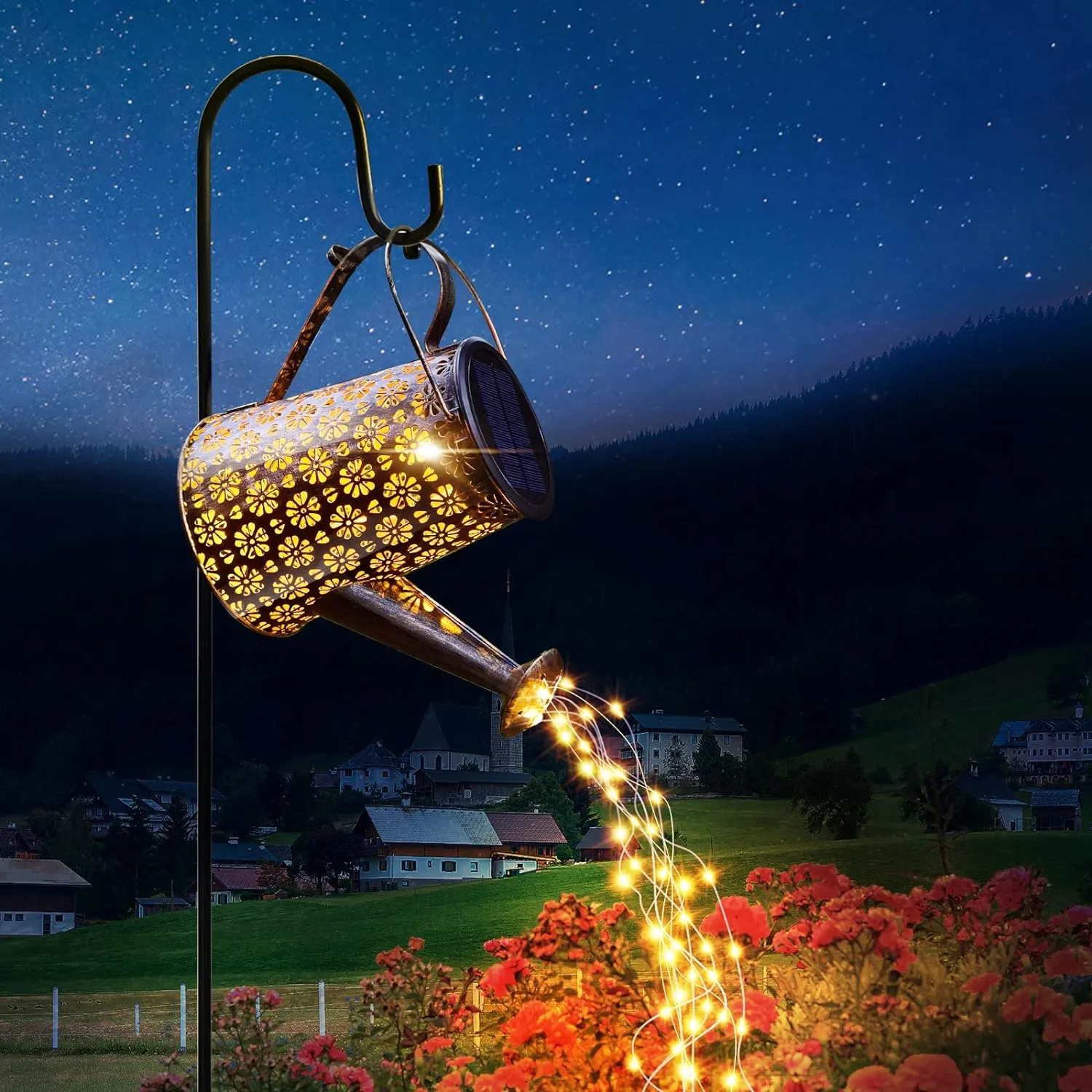 Outdoor Solar Watering Can with Lights Garden Decor Large Solar Powered Lanterns Hanging Waterproof LED Decorative Retro Metal Kettle String Lights for Table Yard Pathway Walkway Gardening Gifts