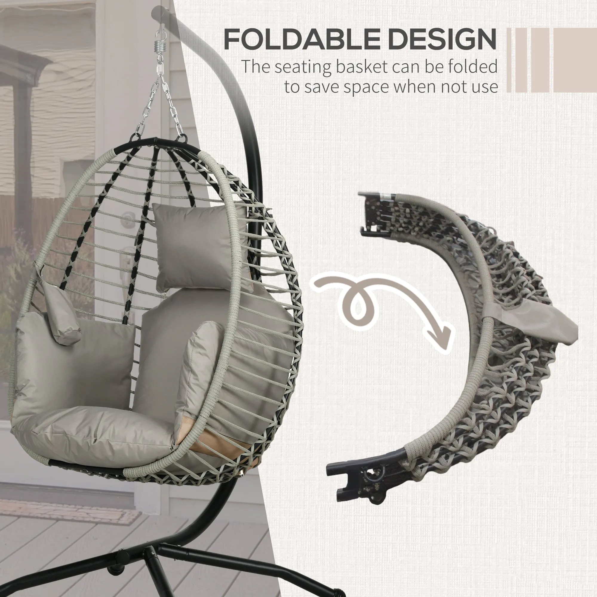 Outdoor Swing Chair with Thick Padded Cushion, Patio Hanging Egg Chair with Metal Stand, Foldable Basket, Cup Holder, Rope Structure for Indoor & Outdoor, Grey
