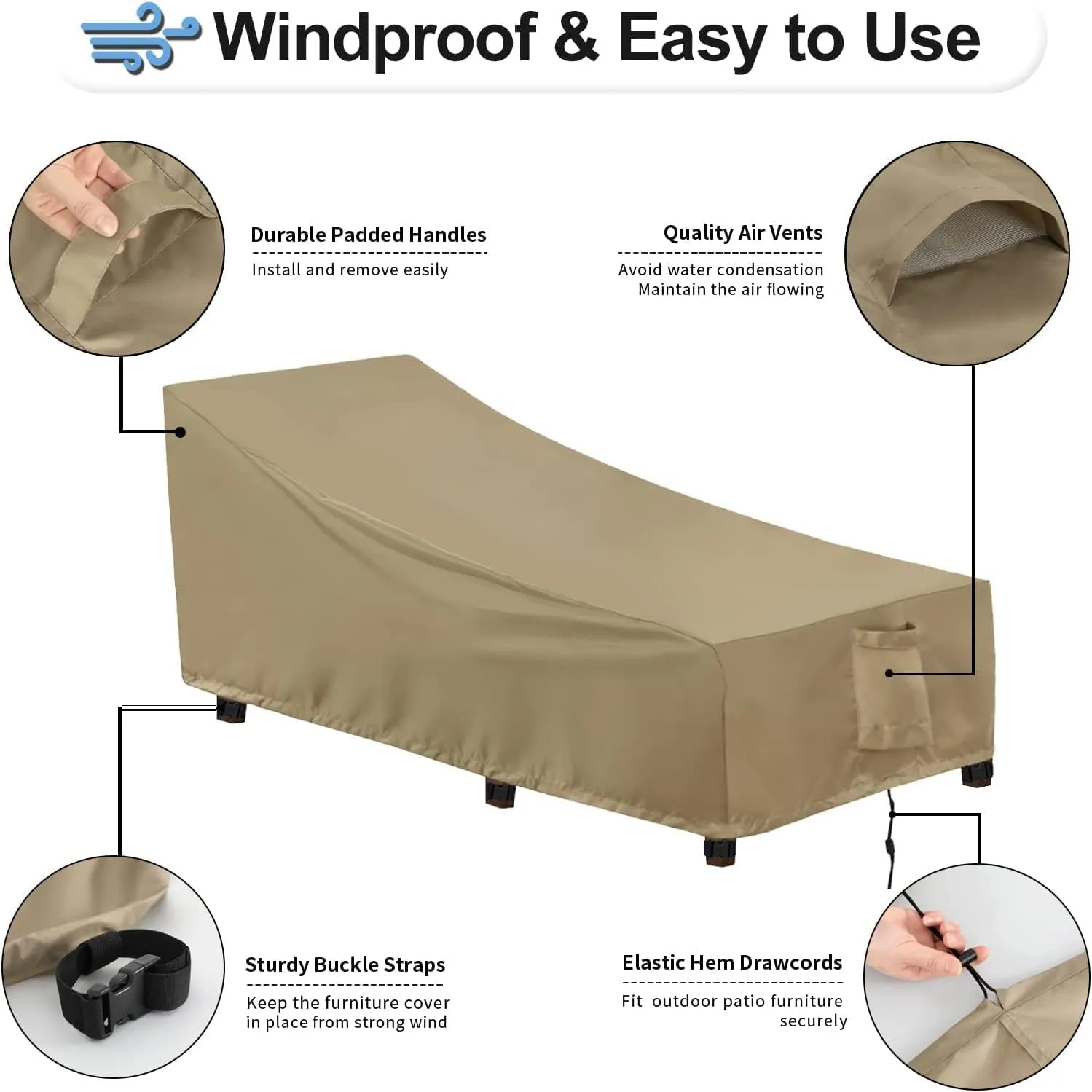OutdoorLines Outdoor Waterproof Patio Chaise Lounge Chair Cover - UV Resistant Lounger Covers Heavy Duty Weatherproof Patio Sofa Furniture Covers, 1 Pack, 68Wx30Dx30H Inches, Camel