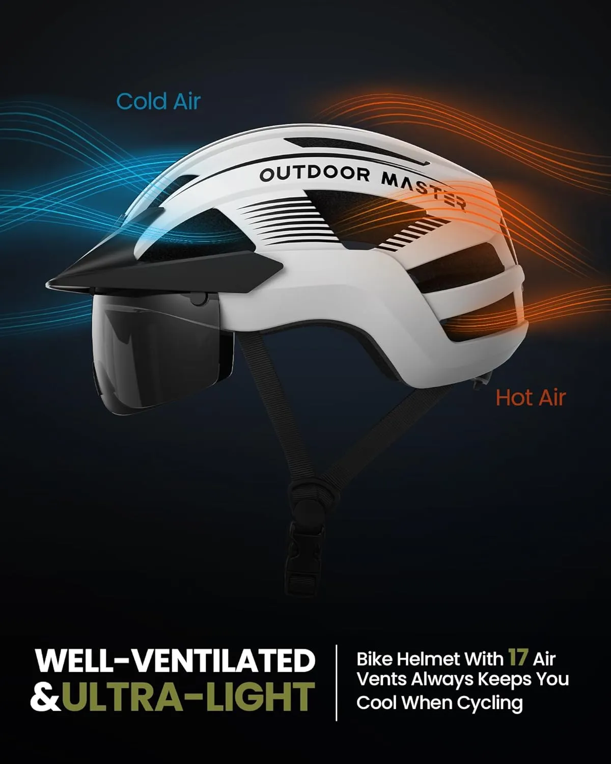 OutdoorMaster Adult Bike Helmet - Bicycle Helmet with Rechargeable Rear LED Light, Detachable Magnetic Goggles, Removable Sun Visor - Suitable for Commuting and Cycling for Men and Women