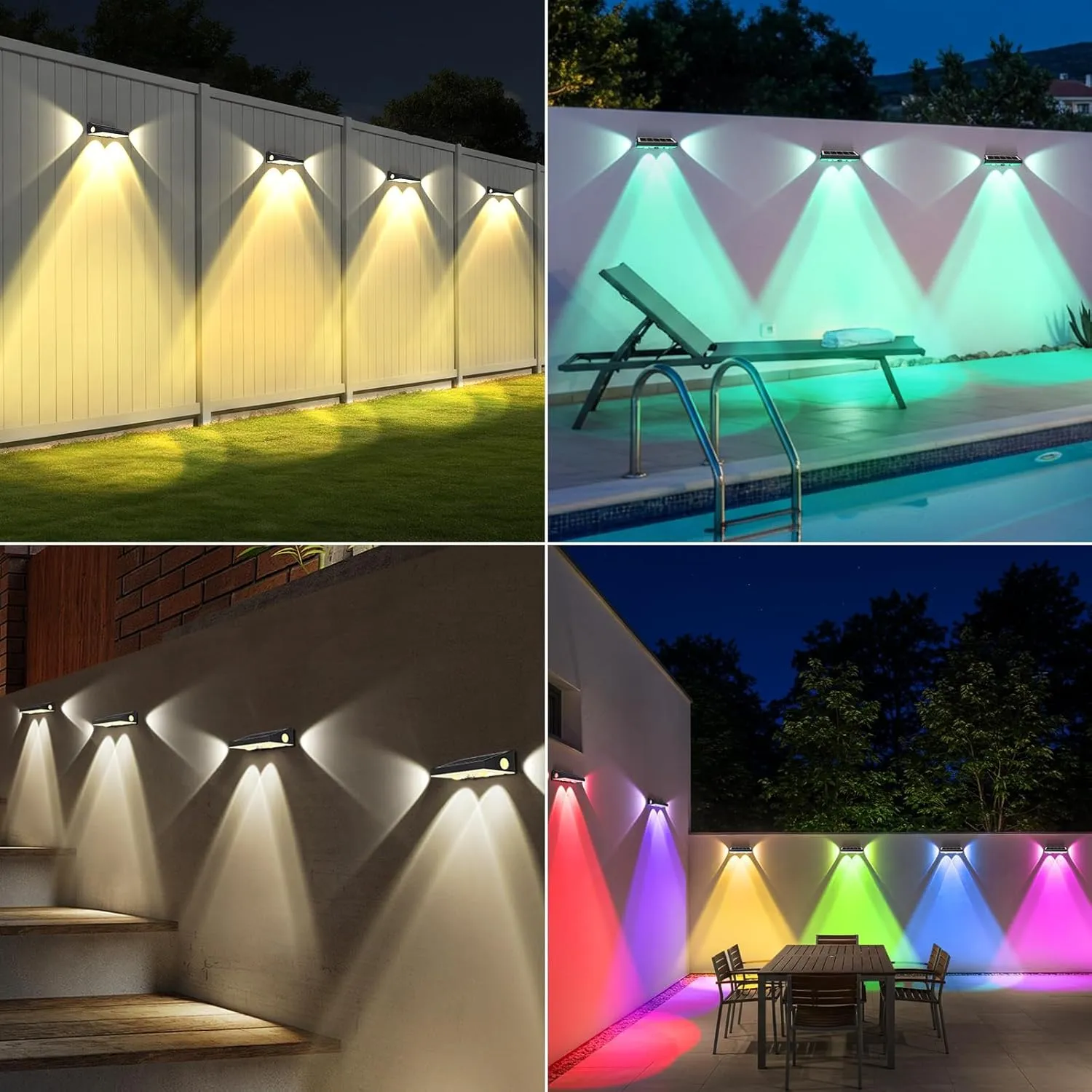 OUTON Solar Lights Outdoor, 3-Side 10 RGBCW Lighting Modes LED Fence Lights Solar Powered, Dusk to Dawn Auto ON/Off Wall Light, IP65 Waterproof Outside Light for Patio Yard Garden Deck, 8 Pack