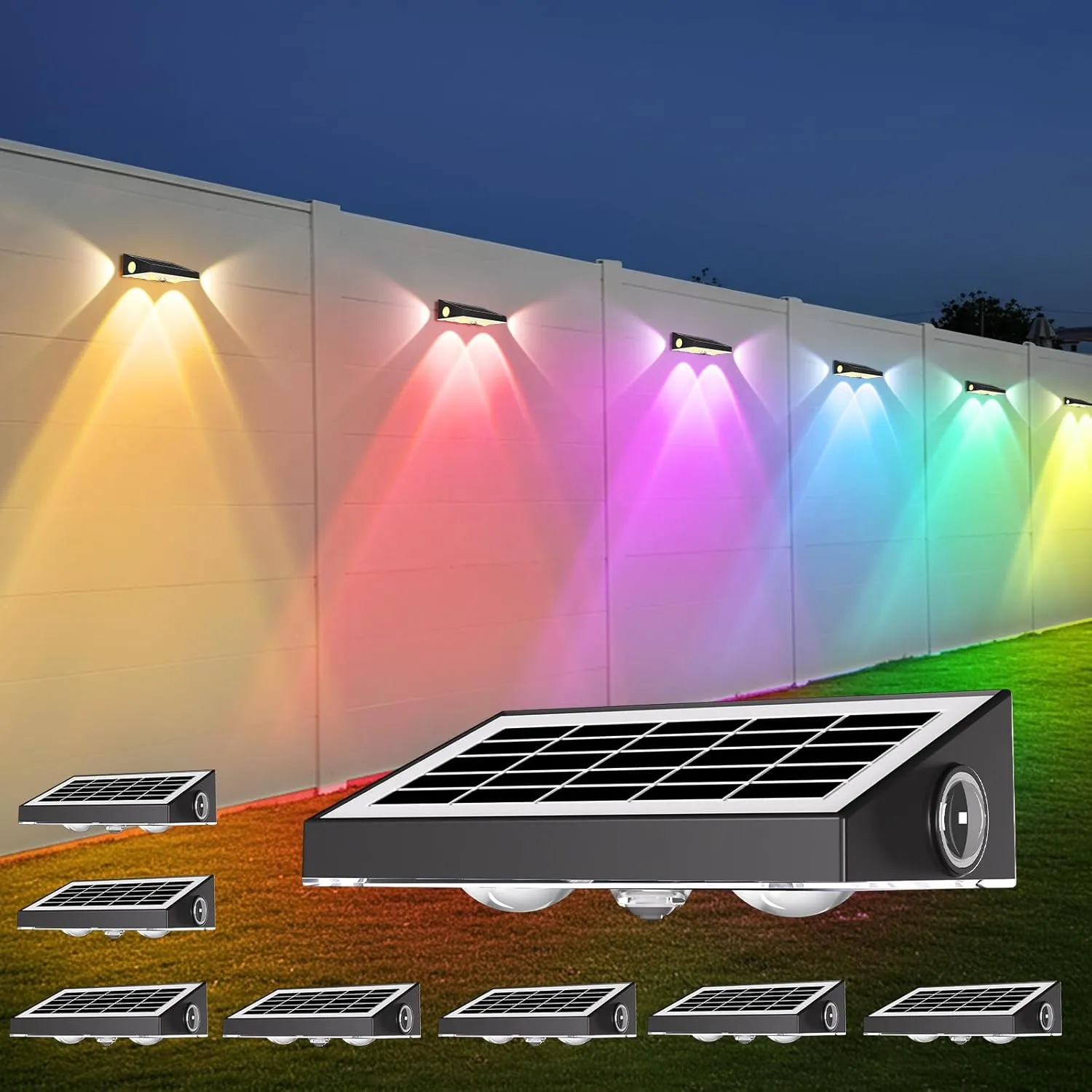 OUTON Solar Lights Outdoor, 3-Side 10 RGBCW Lighting Modes LED Fence Lights Solar Powered, Dusk to Dawn Auto ON/Off Wall Light, IP65 Waterproof Outside Light for Patio Yard Garden Deck, 8 Pack