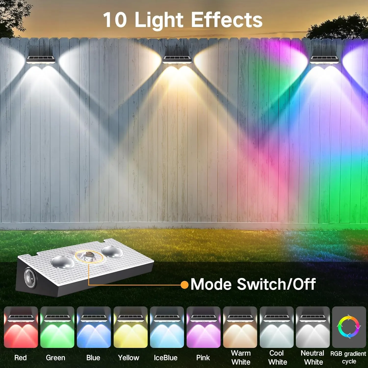 OUTON Solar Lights Outdoor, 3-Side 10 RGBCW Lighting Modes LED Fence Lights Solar Powered, Dusk to Dawn Auto ON/Off Wall Light, IP65 Waterproof Outside Light for Patio Yard Garden Deck, 8 Pack