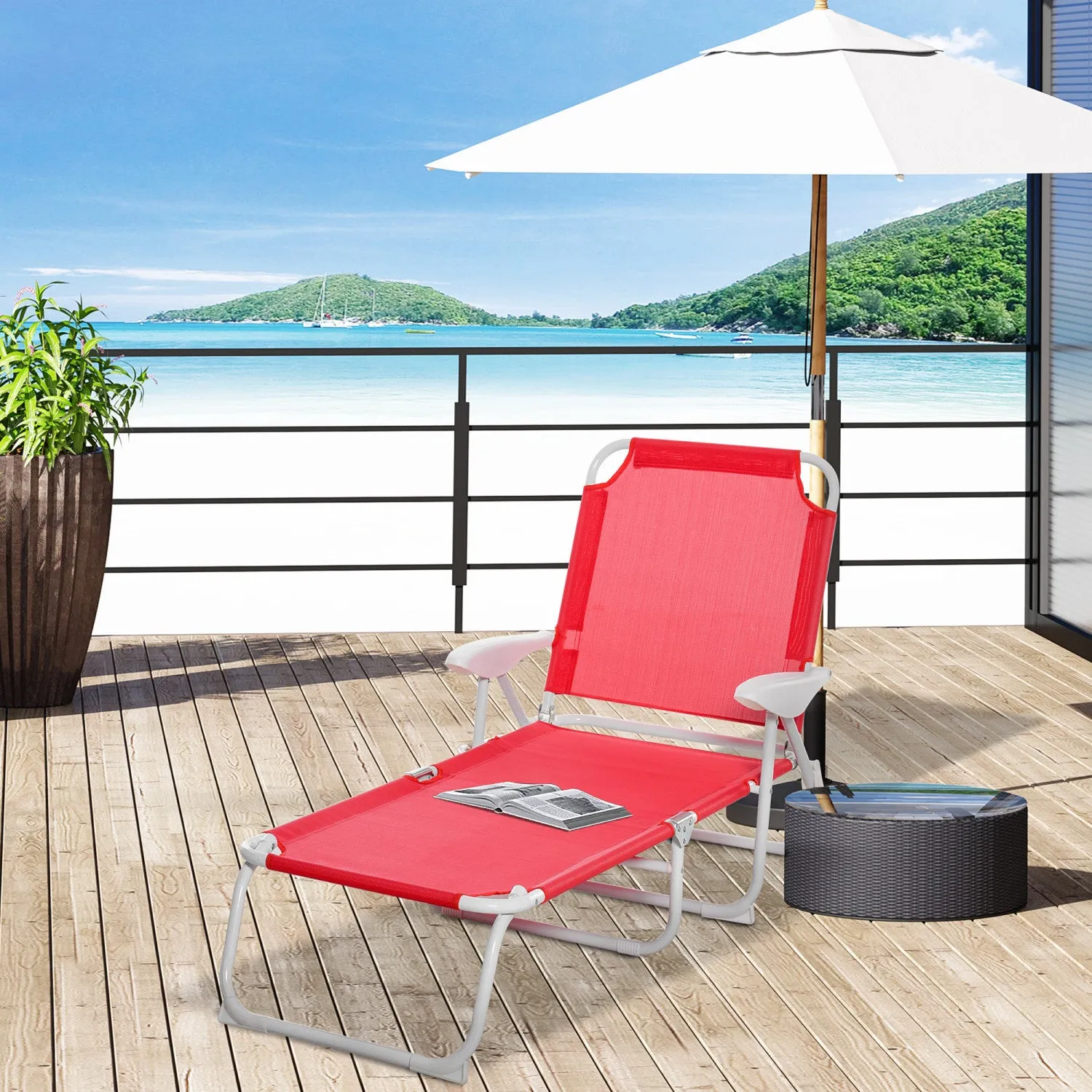 Outsunny Outdoor Lounge Chair With 4-level Adjustable Backrest, Red