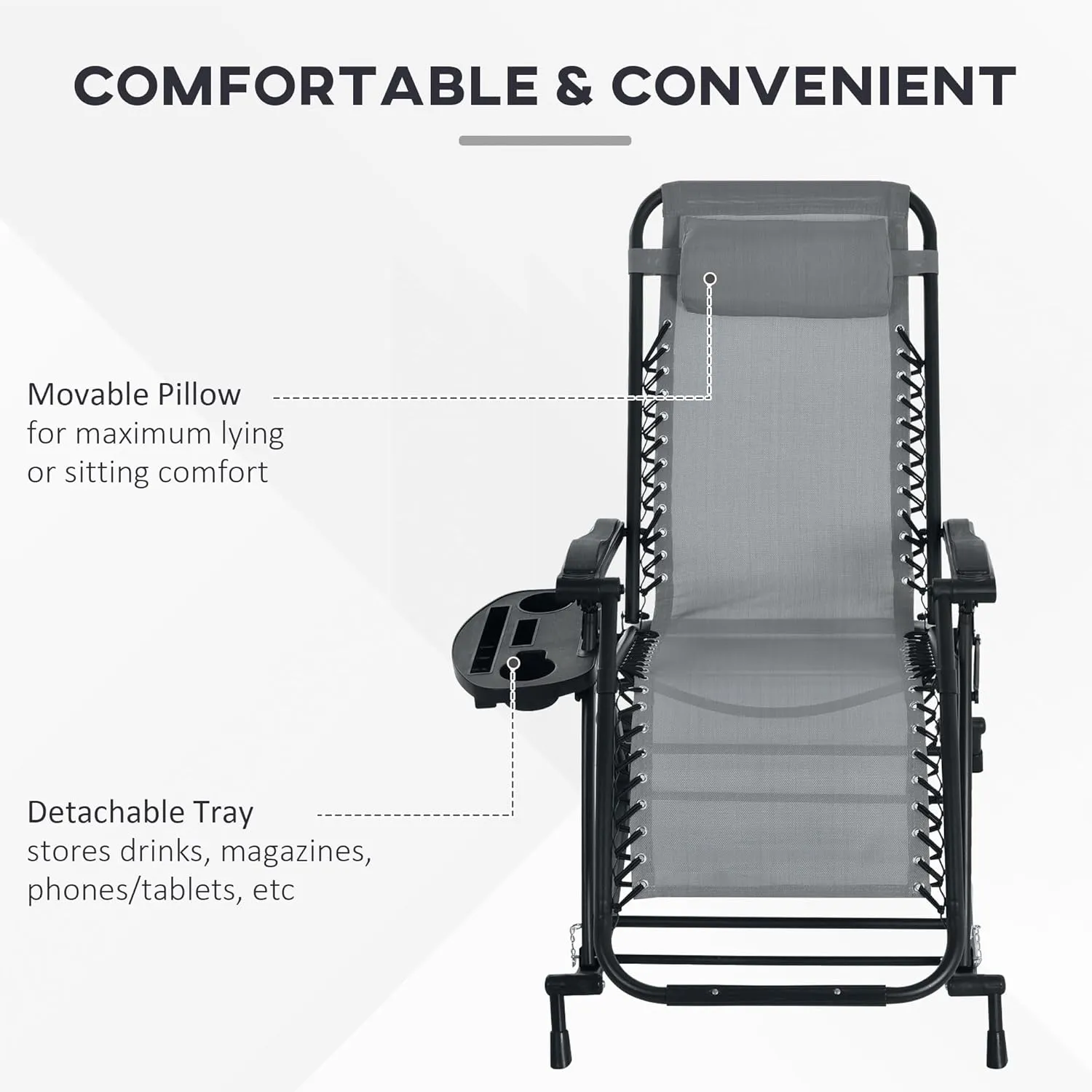 Outsunny Set of 2 Outdoor Rocking Chairs, Foldable Reclining Zero Gravity Lounge Rocker with Pillow, Cup & Phone Holder, Combo Design with Folding Legs, Gray