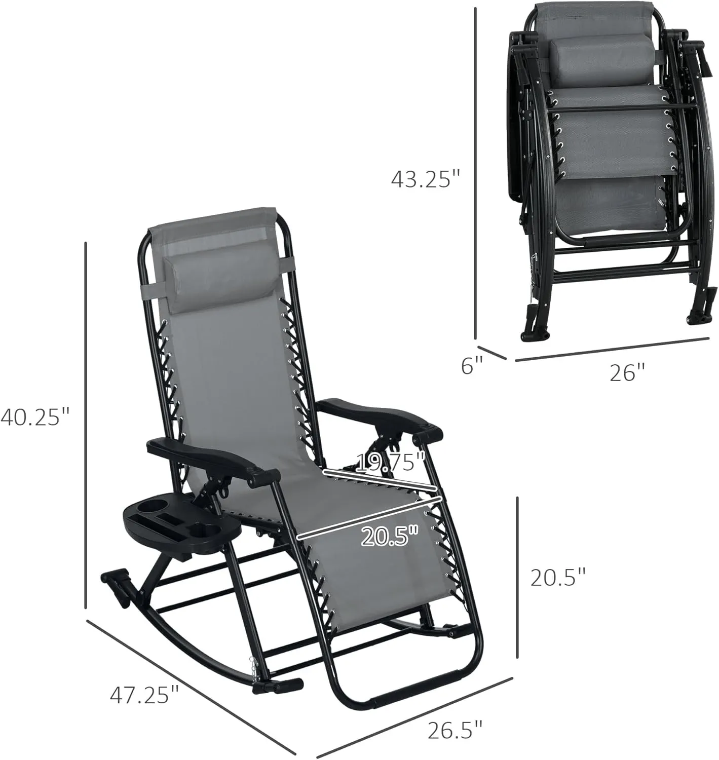 Outsunny Set of 2 Outdoor Rocking Chairs, Foldable Reclining Zero Gravity Lounge Rocker with Pillow, Cup & Phone Holder, Combo Design with Folding Legs, Gray