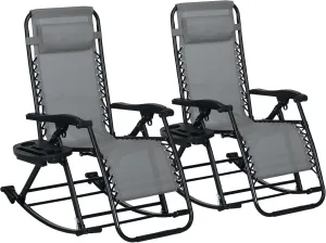 Outsunny Set of 2 Outdoor Rocking Chairs, Foldable Reclining Zero Gravity Lounge Rocker with Pillow, Cup & Phone Holder, Combo Design with Folding Legs, Gray