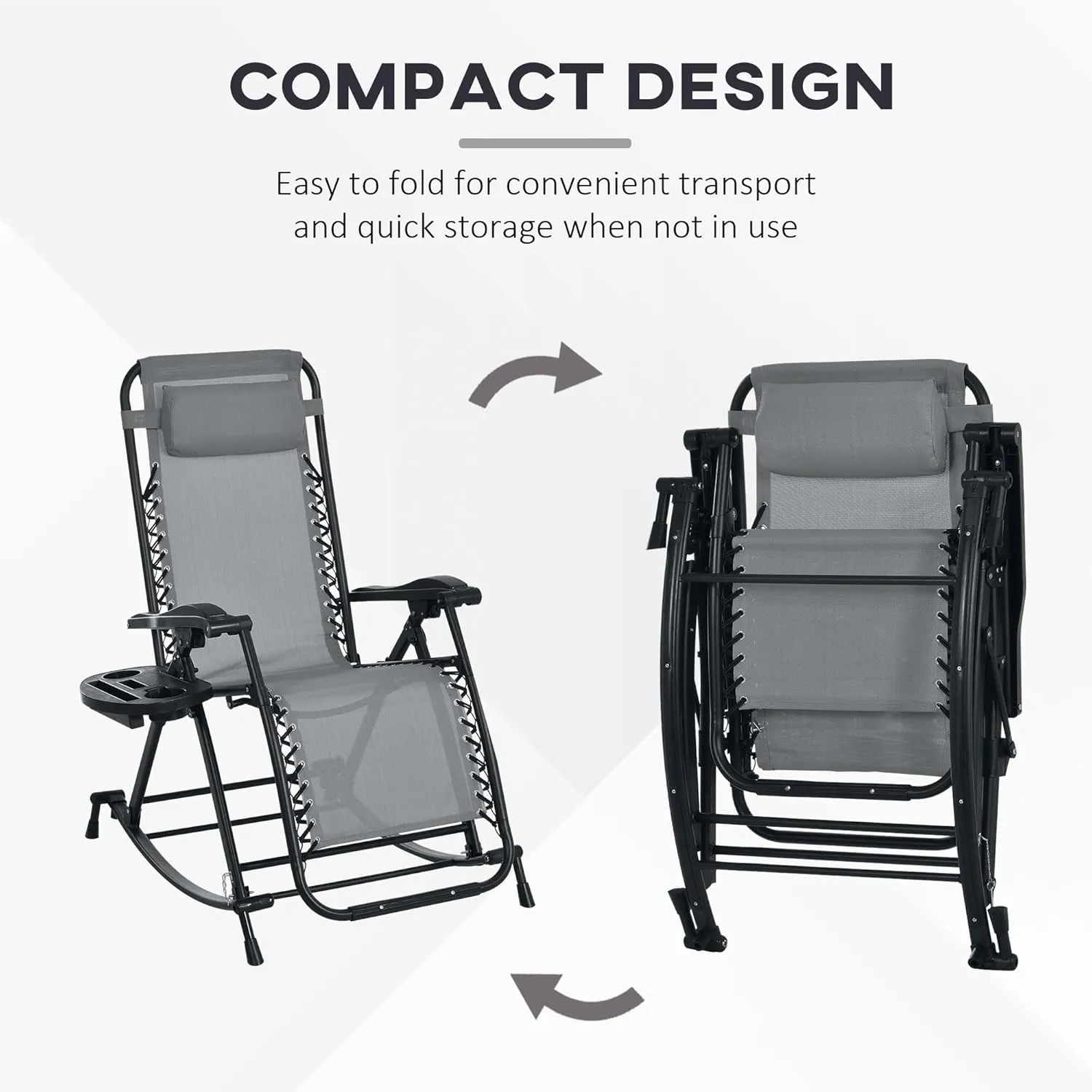 Outsunny Set of 2 Outdoor Rocking Chairs, Foldable Reclining Zero Gravity Lounge Rocker with Pillow, Cup & Phone Holder, Combo Design with Folding Legs, Gray