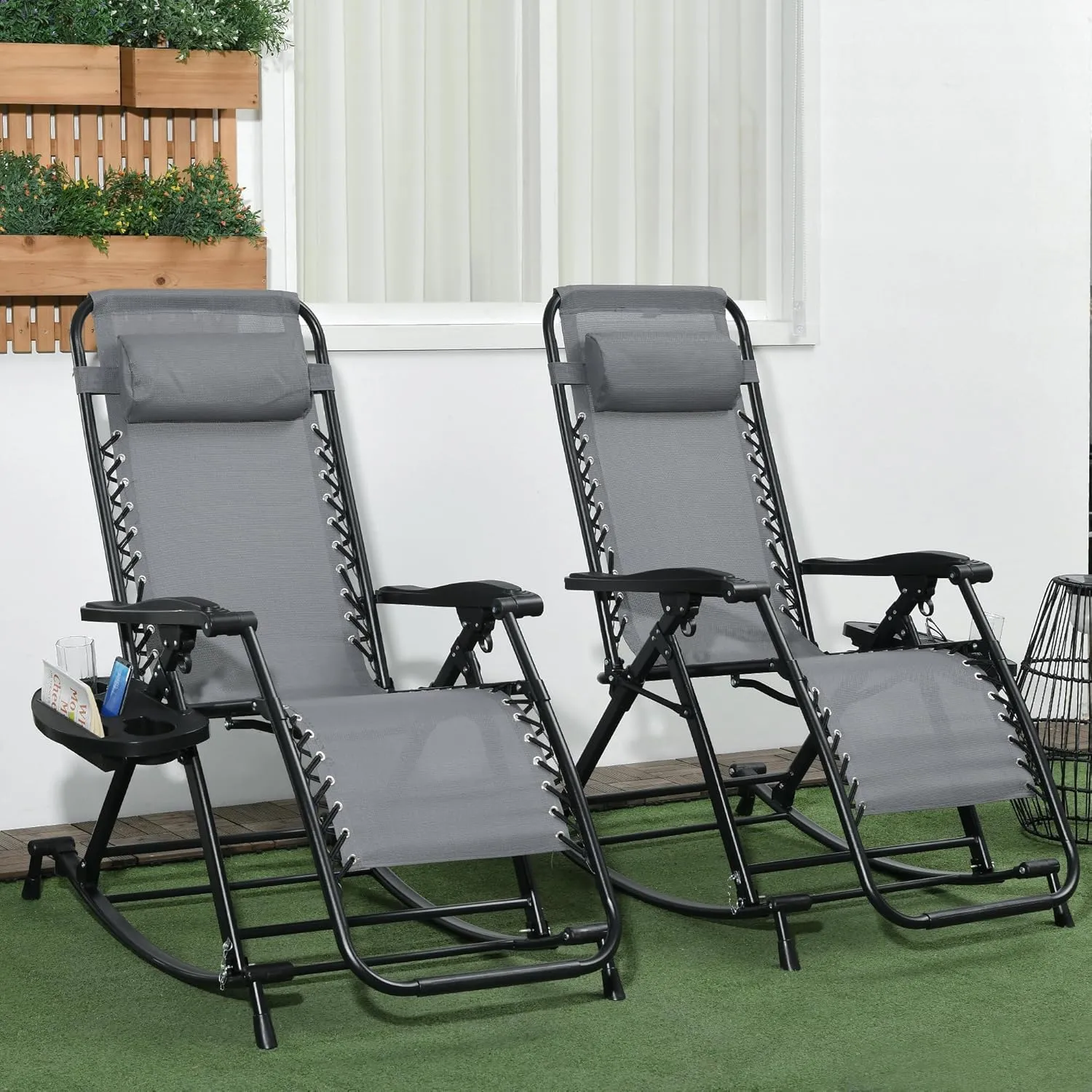 Outsunny Set of 2 Outdoor Rocking Chairs, Foldable Reclining Zero Gravity Lounge Rocker with Pillow, Cup & Phone Holder, Combo Design with Folding Legs, Gray