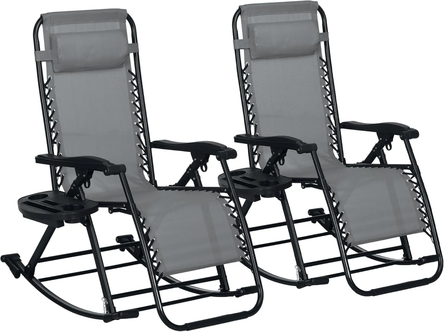 Outsunny Set of 2 Outdoor Rocking Chairs, Foldable Reclining Zero Gravity Lounge Rocker with Pillow, Cup & Phone Holder, Combo Design with Folding Legs, Gray