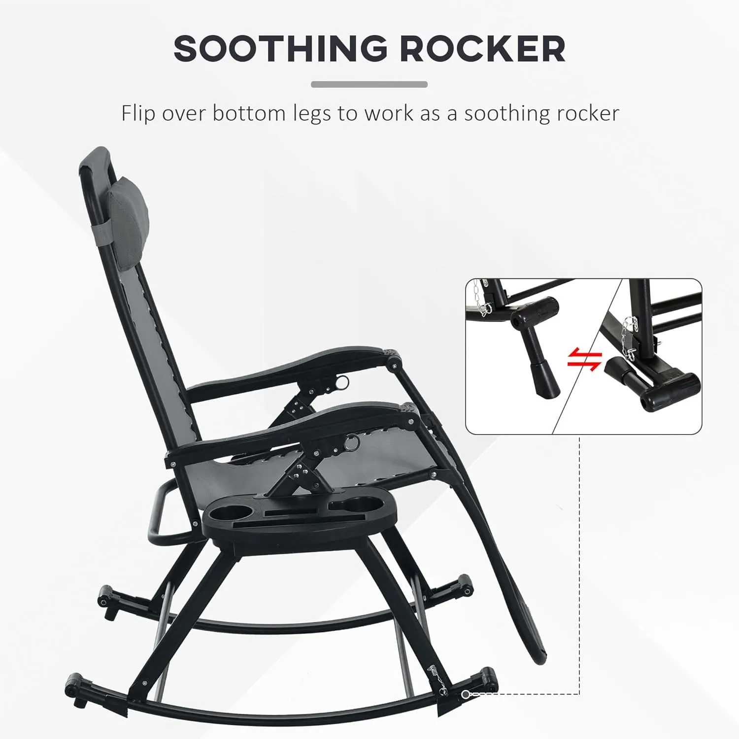 Outsunny Set of 2 Outdoor Rocking Chairs, Foldable Reclining Zero Gravity Lounge Rocker with Pillow, Cup & Phone Holder, Combo Design with Folding Legs, Gray