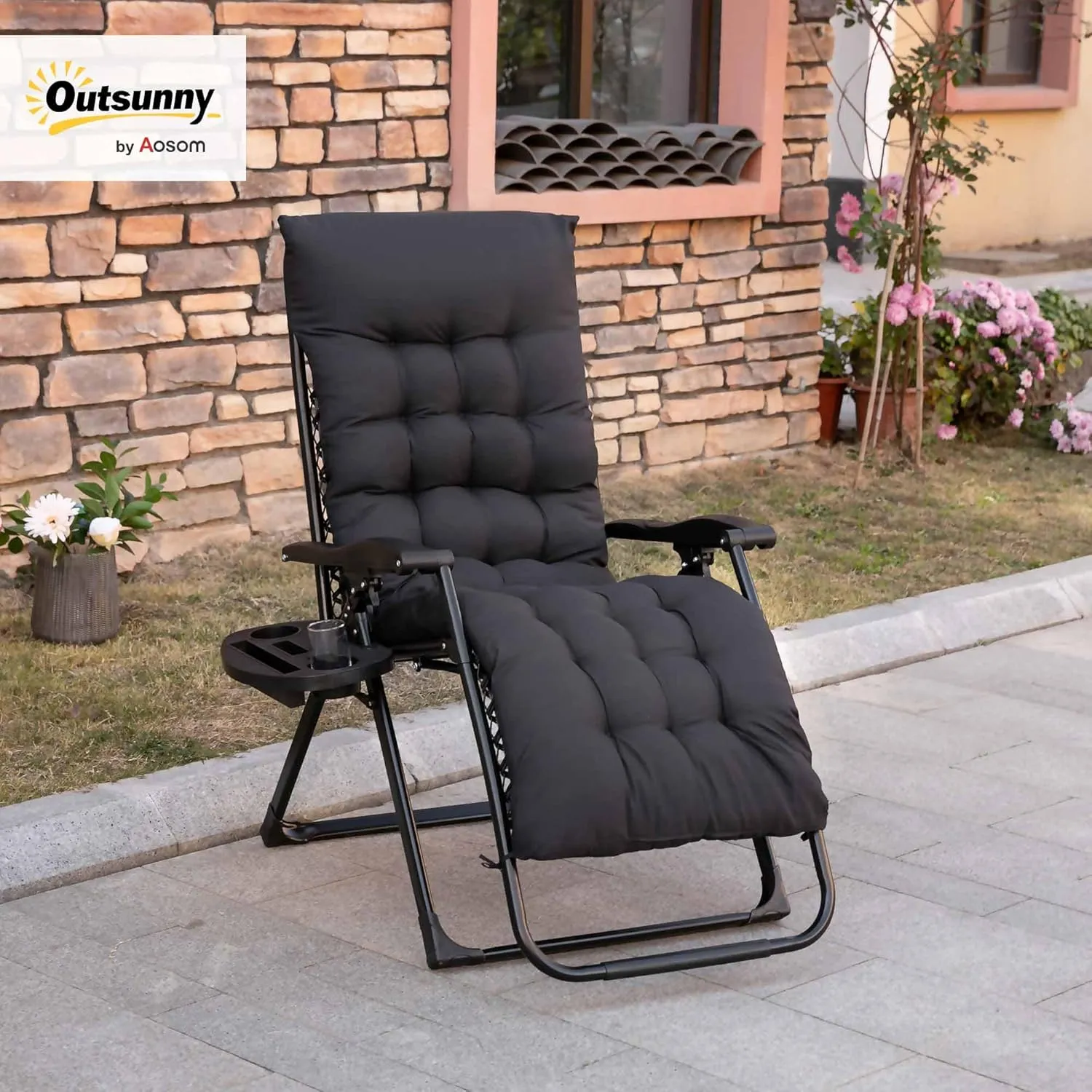 Outsunny Zero Gravity Chair, Folding Reclining Lounge Chair with Padded Cushion, Side Tray for Indoor and Outdoor, Supports up to 264 lbs, Black