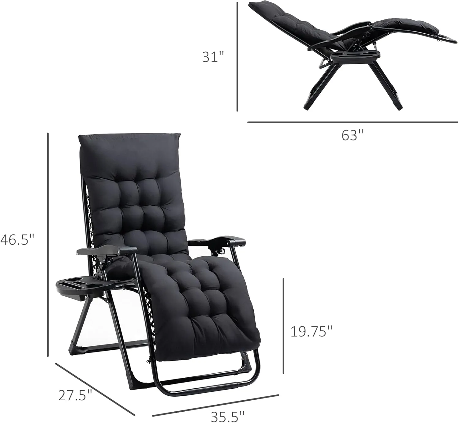 Outsunny Zero Gravity Chair, Folding Reclining Lounge Chair with Padded Cushion, Side Tray for Indoor and Outdoor, Supports up to 264 lbs, Black