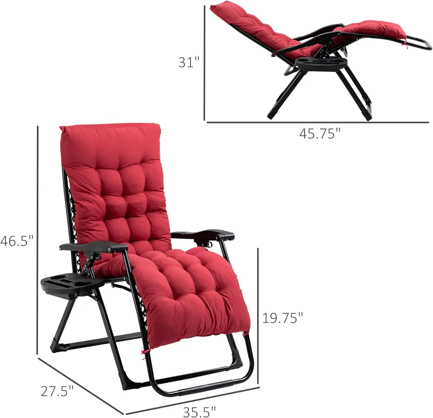 Outsunny Zero Gravity Chair, Folding Reclining Lounge Chair with Padded Cushion, Side Tray for Indoor and Outdoor, Supports up to 264 lbs, Red