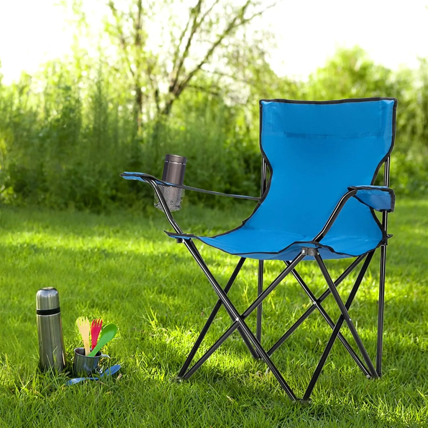 Outvita Folding Camping Chair, Portable Durable Armrest Chair with Cup Holder & Carry Bag for Outdoor Picnic Fishing, Weight Capacity 230 LBS, Set of 2 (Blue)