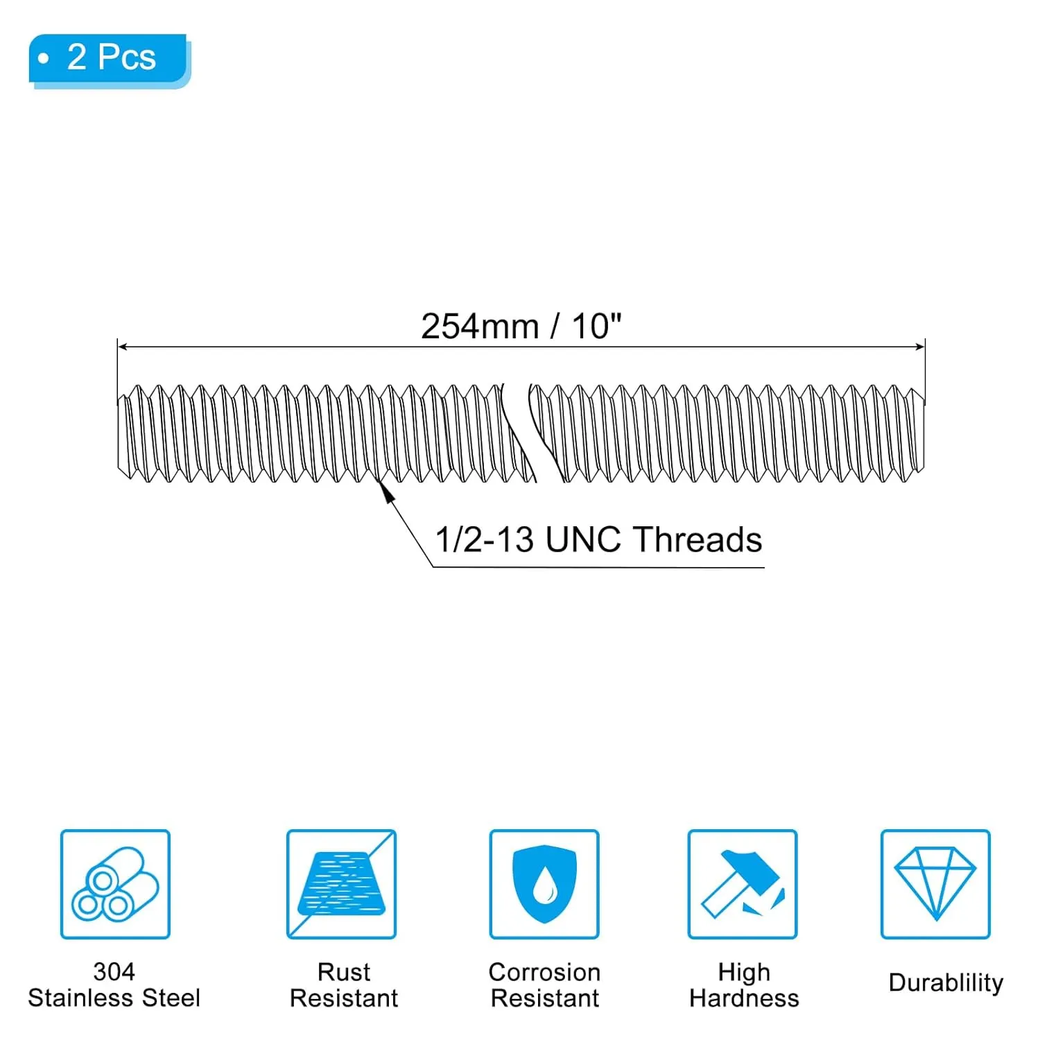 PATIKIL 1/2"-13 UNC 304 Stainless Steel Fully Threaded Rod, 2Pcs 10" Length Long Threaded Screw Right Hand Threads All Threaded Rod Studs for Anchoring Bolt, Clamps, Hangers and U-Bolts