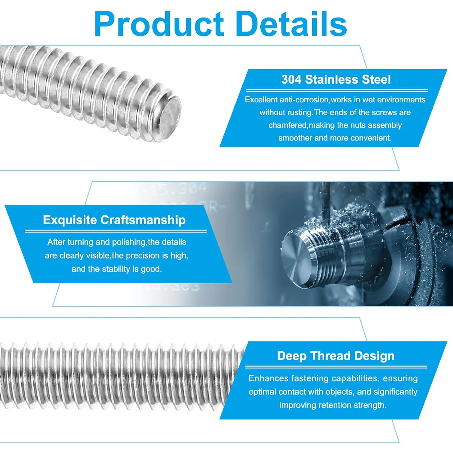 PATIKIL 1/2"-13 UNC 304 Stainless Steel Fully Threaded Rod, 2Pcs 10" Length Long Threaded Screw Right Hand Threads All Threaded Rod Studs for Anchoring Bolt, Clamps, Hangers and U-Bolts