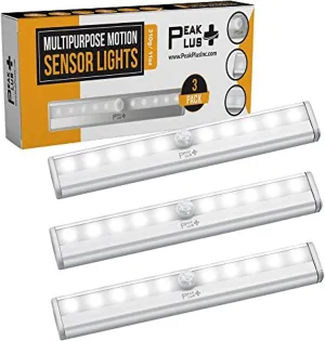 PeakPlus LED Motion Sensor Night Light, 3 Pack, Silver, 10 LED Battery Operated, Stick On Lights for Closet, Under Cabinet, Stairs, Kitchen, Indoor Use